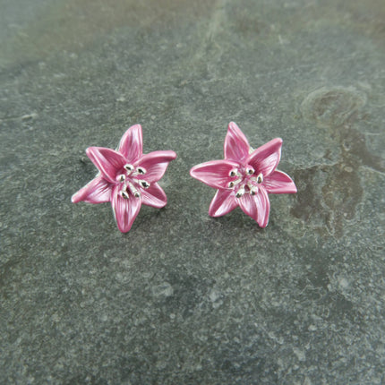 Lily Pink Star Gazer Flower Post Stud Earrings