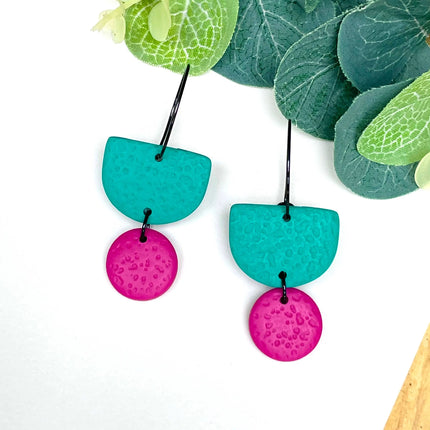 Emerald Green Colour Block Hoop Earrings - Polymer Clay Dangle - Lilac Hoop - Black