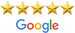 Five golden stars above the Google logo, symbolizing excellent reviews and high ratings.