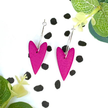 Pink Heart Hoop Earrings - Polymer Clay Silver Colour Hoops