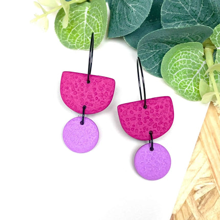 Hot Pink Colour Block Hoop Earrings - Polymer Clay Dangle - Lilac Hoop - Black