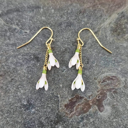 Snowdrop White Flower Gold Plated Drop Hook Earrings