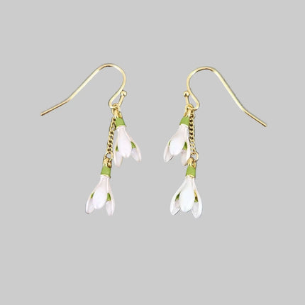 Snowdrop White Flower Gold Plated Drop Hook Earrings