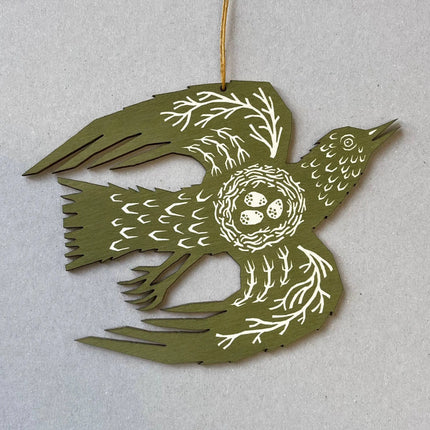 Screenprinted Wooden Decoration - Woodland Bird - Olive Green