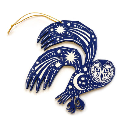 Screenprinted Wooden Decoration - Owl - Midnight Blue