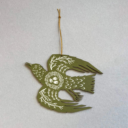 Screenprinted Wooden Decoration - Woodland Bird - Olive Green