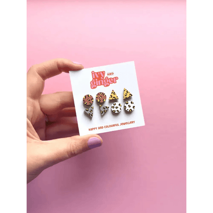 Gold Leopard Print Hand Painted Wooden Earrings Stud Set