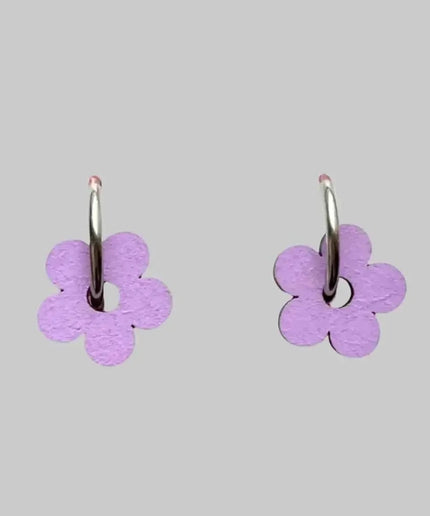 Hand Painted Lilac Statement Flower Dangle Hoop Earrings