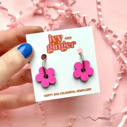 Hand Painted Neon Wooden Flower Statement Hoop Earrings