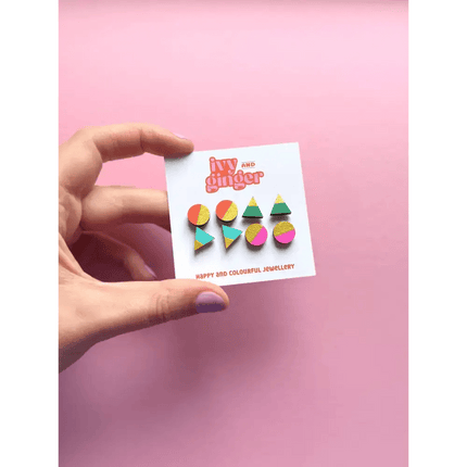 Handmade Retro Brights Gold Edge Stud Earrings Set Fun