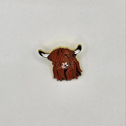 Brown hairy Highland Cow Pin Badges