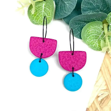 Hot Pink Colour Block Hoop Earrings - Polymer Clay Dangle - Turquoise Hoop - Black