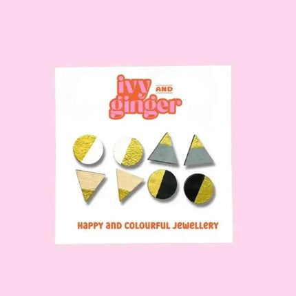 Mono gold four piece hand painted wooden earrings stud set