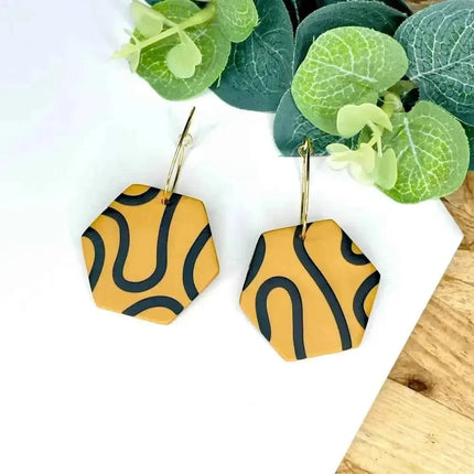 Mustard & Black Squiggle Hexagon Hoop Earrings