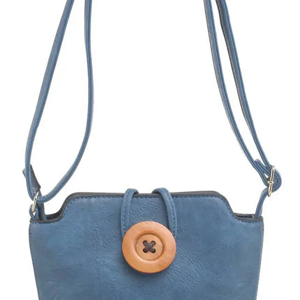 Small Wooden Button Crossbody Bag. Blue