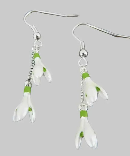 Snowdrop White Flower Drop Hook Earrings Silver Plated