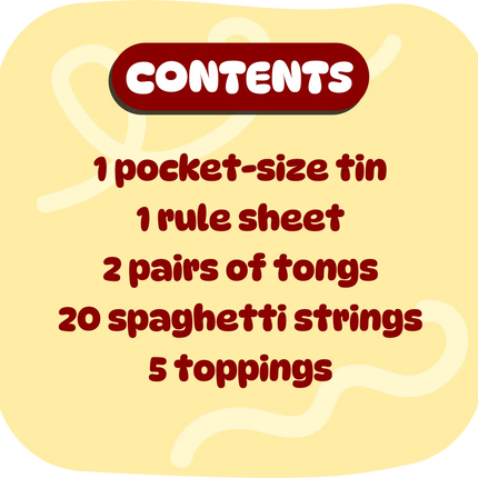 A yellow rounded square graphic with a dark red header reading 'CONTENTS' and a list of included items: 1 pocket-size tin, 1 rule sheet, 2 pairs of tongs, 20 spaghetti strings, 5 toppings.