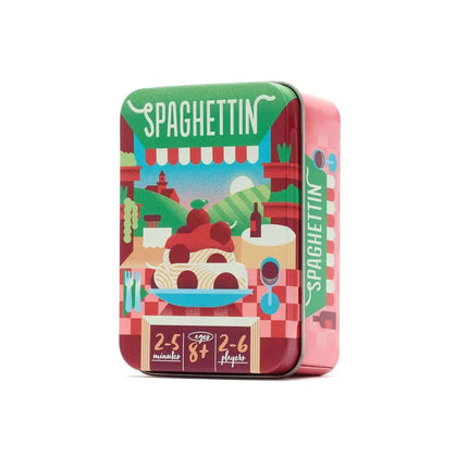 A square tin box for 'Spaghetti' by The Game, featuring a colorful retro illustration of a spaghetti bowl with tomatoes and a pizzeria scene. The packaging includes a green top banner with 'SPAGHETTIN' in white, a pink side panel, and a red-and-white checkered base.
