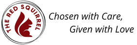 A logo and slogan on a white background: a circular red-and-white squirrel emblem with the words 'THE RED SQUIRREL' beside black text reading 'Chosen with Care, Given with Love'.