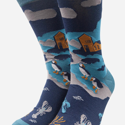 Teal Men's Coastal Scene Print Bamboo Socks