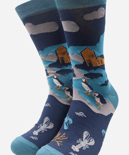 Teal Men's Coastal Scene Print Bamboo Socks
