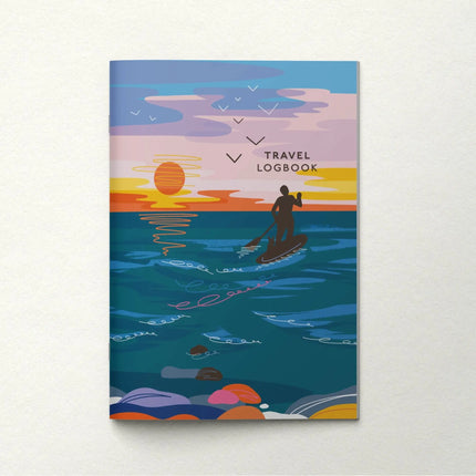 Travel logbook cover with a sunset over water illustration on a white background