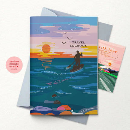 Travel logbook with sunset design and paddleboarder illustration on a white background