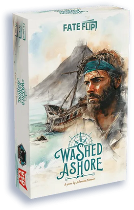 Board game box for 'Fate Flip: Washed Ashore' with a man and ship illustration on a white background